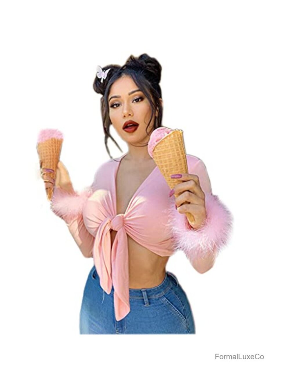 Women's Long Sleeve Crop Top with Feather Trim Tie Up Deep V Neck Faux Fur